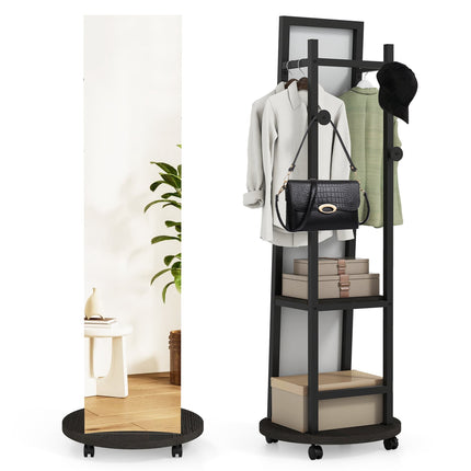 Full-Length Mirror with Hooks, Shelves & Wheels, Black