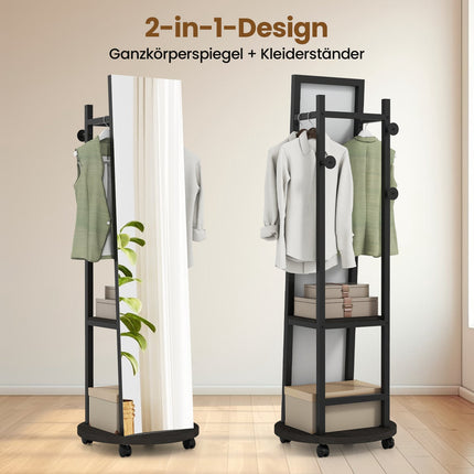 Full-Length Mirror with Hooks, Shelves & Wheels, Black