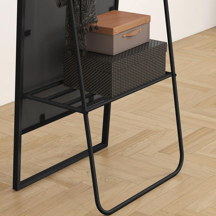 Full-Length Mirror with Shelf & Hooks, Black, 157x50 cm