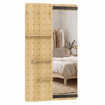 Full Length Mirror with Sliding Pegboard and 3 Shelves, Solid Wood, Natural