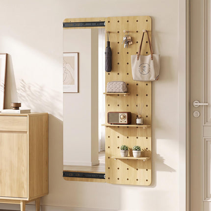 Full Length Mirror with Sliding Pegboard and 3 Shelves, Solid Wood, Natural