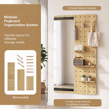 Full Length Mirror with Sliding Pegboard and 3 Shelves, Solid Wood, Natural