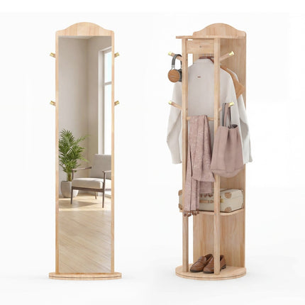 Full-Length Mirror with Stand, Rotating Coat Rack, Natural Wood