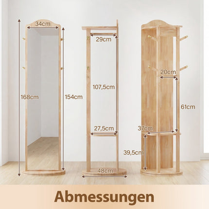 Full-Length Mirror with Stand, Rotating Coat Rack, Natural Wood