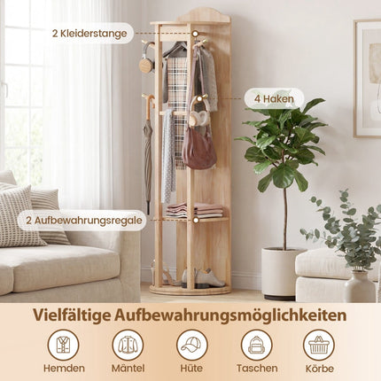 Full-Length Mirror with Stand, Rotating Coat Rack, Natural Wood