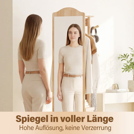 Full-Length Mirror with Stand, Rotating Coat Rack, Natural Wood