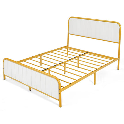 Full Size Metal Platform Bed Frame, Gold, Padded Headboard