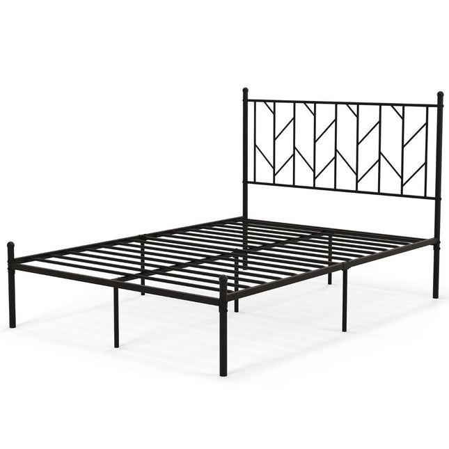 Full metal platform bed frame with headboard & noise-free mattress base, stable metal sled support, black