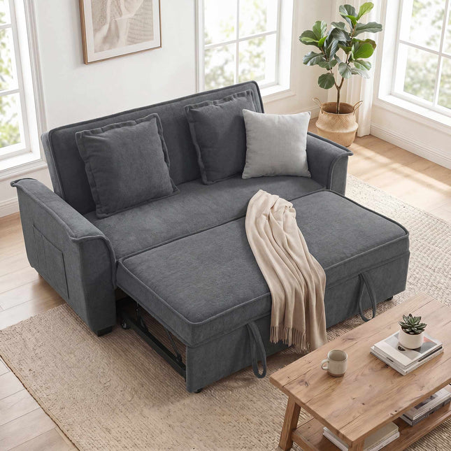 Futon slaapbank, verstelbare rugleuning, 2 zitplaatsen, donkergrijs, 2 kussens