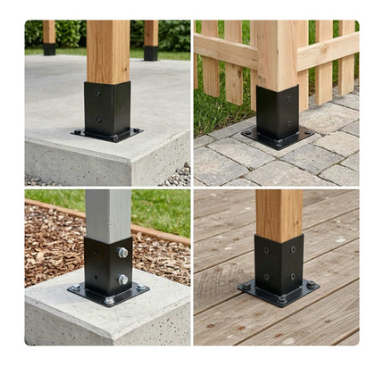 Galvanised Steel Post Supports, 4pc Set, Black, 90x150 mm