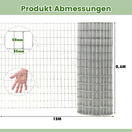 Galvanized Wire Mesh Fence, 15x0.6m, 50x25mm Mesh