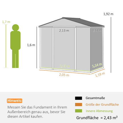 Gegalvaniseerd stalen gereedschapsschuur 2.43? 213x131x192cm gereedschapsschuur met zadeldak, afsluitbare schuifdeur, weerbestendige tuinschuur, buitentuinschuur voor achtertuin buitenruimte, grijs Aosom