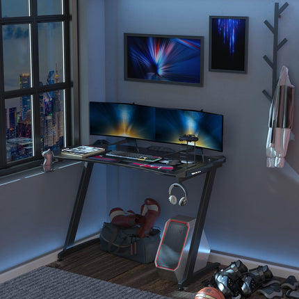 Gaming table with LED, cup holder & headphone hook, Black