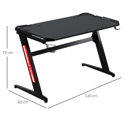 Gaming table with LED, cup holder & headphone hook, Black