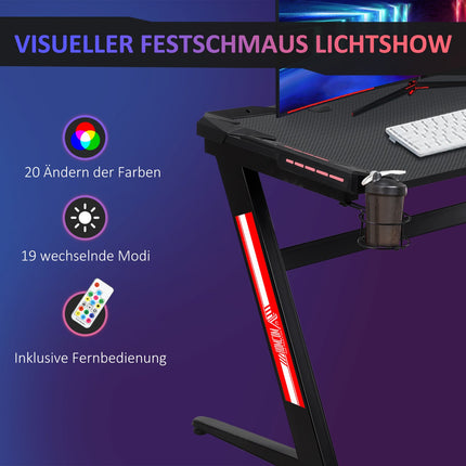 Gaming table with LED, cup holder & headphone hook, Black