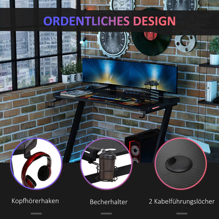 Gaming table with LED, cup holder & headphone hook, Black