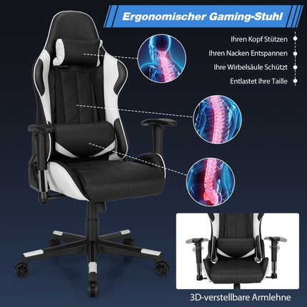 Gaming Chair, Adjustable Recline 90-160, White PU Leather