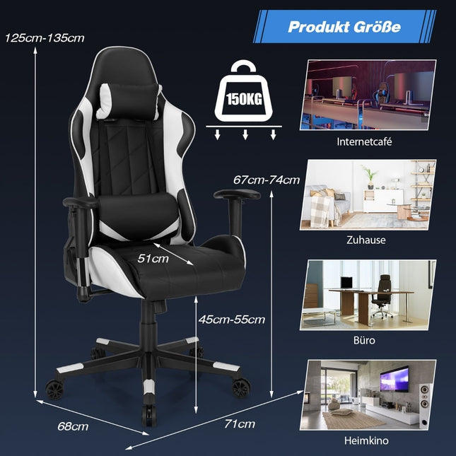 Gaming Chair, Adjustable Recline 90-160, White PU Leather