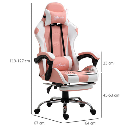 Ergonomic pink and white gaming chair with lumbar support