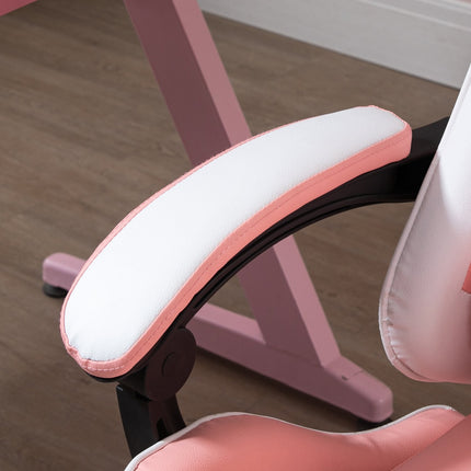 Ergonomic pink and white gaming chair with lumbar support