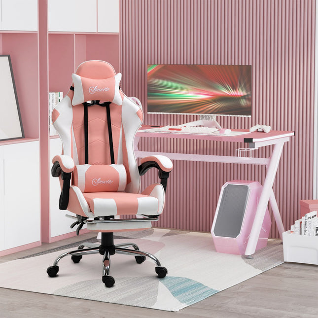 Ergonomic pink and white gaming chair with lumbar support