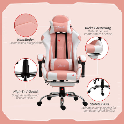 Ergonomic pink and white gaming chair with lumbar support