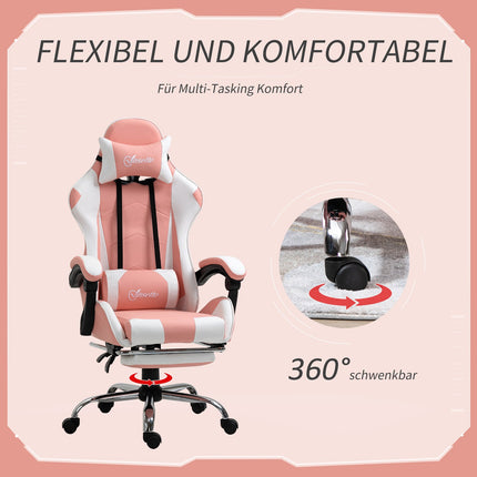 Ergonomic pink and white gaming chair with lumbar support