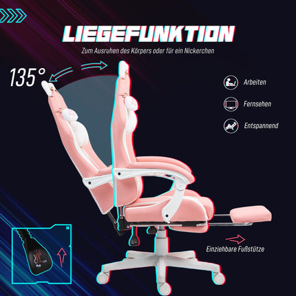 Ergonomic pink gaming chair with lumbar support and footrest