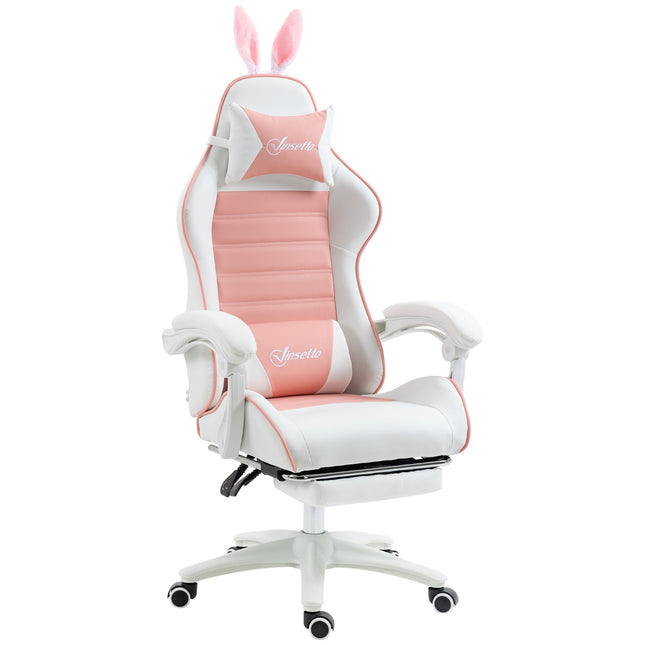 Pink ergonomic gaming chair with lumbar support and footrest