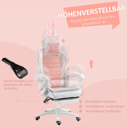 Gamingstoel Ergonomische gamerstoel met lendensteun, voetsteun, gamingstoel met konijnenoren, kussen, in hoogte verstelbare bureaustoel met verstelbare ligfunctie Roze | Aosoom