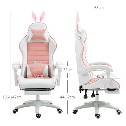 Gamingstoel Ergonomische gamerstoel met lendensteun, voetsteun, gamingstoel met konijnenoren, kussen, in hoogte verstelbare bureaustoel met verstelbare ligfunctie Roze | Aosoom