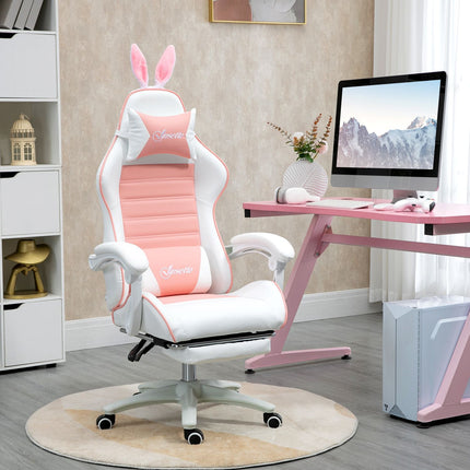 Gamingstoel Ergonomische gamerstoel met lendensteun, voetsteun, gamingstoel met konijnenoren, kussen, in hoogte verstelbare bureaustoel met verstelbare ligfunctie Roze | Aosoom