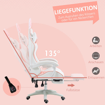 Gamingstoel Ergonomische gamerstoel met lendensteun, voetsteun, gamingstoel met konijnenoren, kussen, in hoogte verstelbare bureaustoel met verstelbare ligfunctie Roze | Aosoom