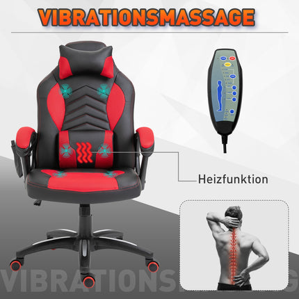 Gaming chair with heat and massage, red PU, adjustable