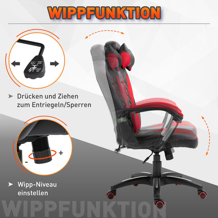 Gaming chair with heat and massage, red PU, adjustable