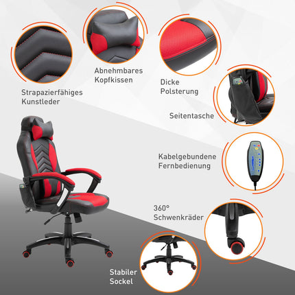 Gaming chair with heat and massage, red PU, adjustable