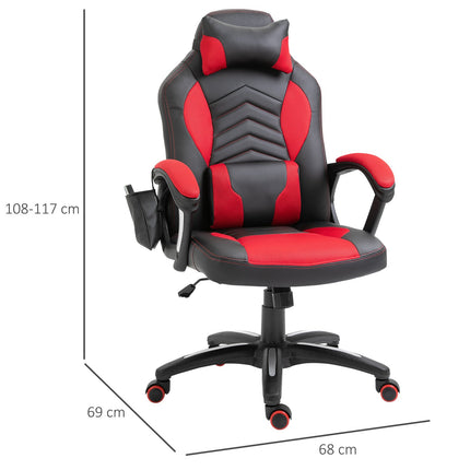 Gaming chair with heat and massage, red PU, adjustable