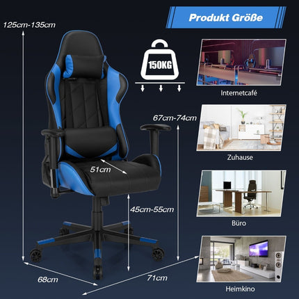 Gaming Chair, Racing Style, Adjustable Recline, Blue
