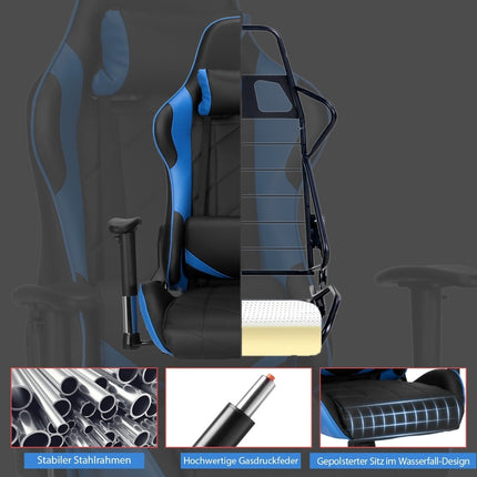 Gaming Chair, Racing Style, Adjustable Recline, Blue