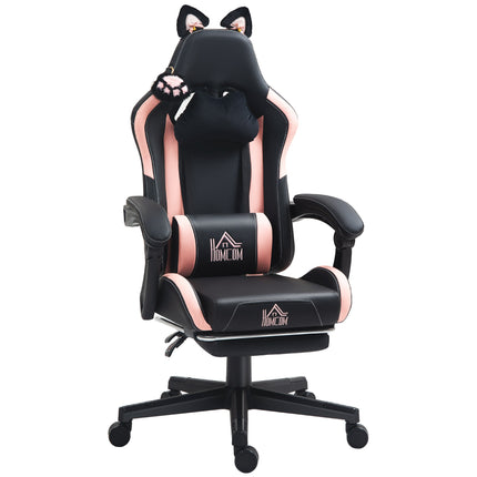 Gaming Chair with Cat Ears, Reclining, Footrest, Pink/Black