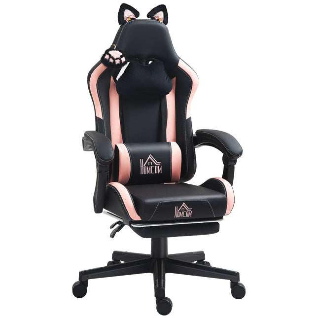 Gaming Chair with Cat Ears, Reclining, Footrest, Pink/Black