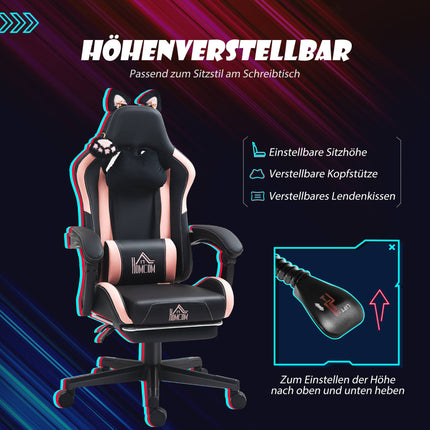 Gaming Chair with Cat Ears, Reclining, Footrest, Pink/Black