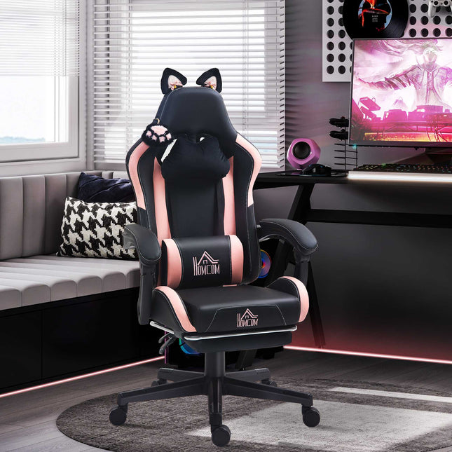 Gaming Chair with Cat Ears, Reclining, Footrest, Pink/Black
