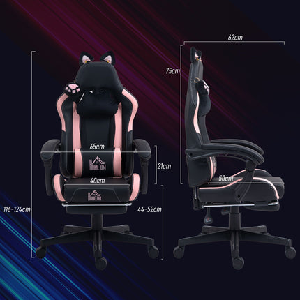 Gaming Chair with Cat Ears, Reclining, Footrest, Pink/Black