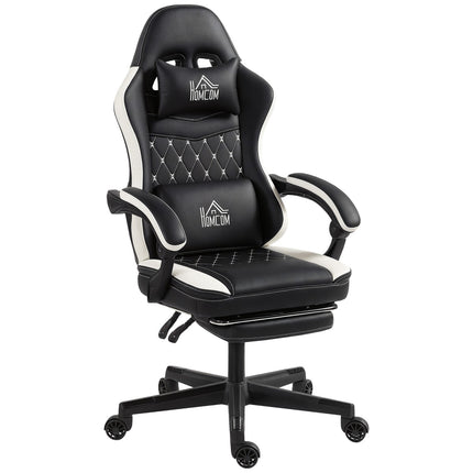 Gaming Chair with Footrest, Headrest & Cushion, Black/White