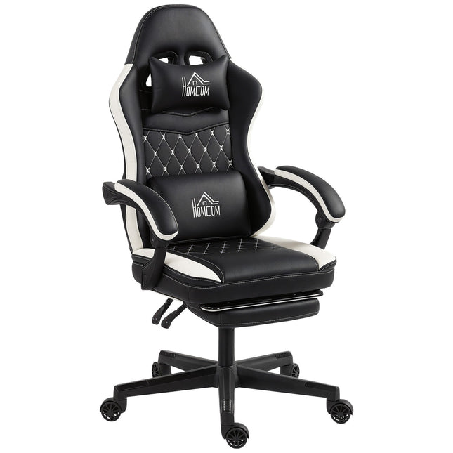 Gaming Chair with Footrest, Headrest & Cushion, Black/White