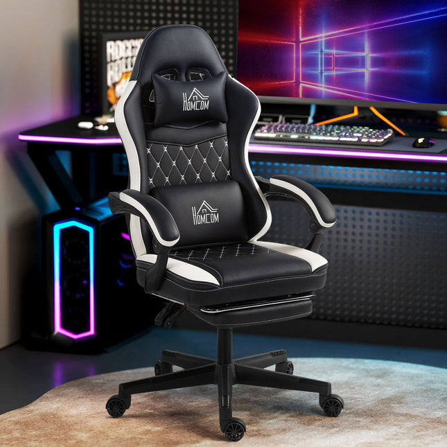 Gaming Chair with Footrest, Headrest & Cushion, Black/White