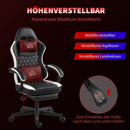 Gaming Chair with Footrest, Headrest & Cushion, Black/White