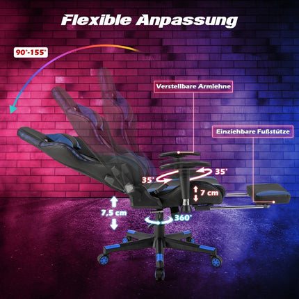 Gaming Chair with RGB LED Lights & Retractable Footrest Ergonomic Office Chair Blue