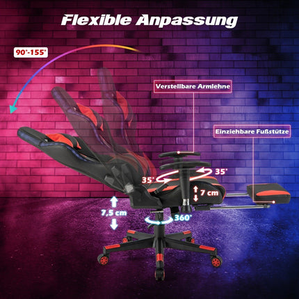 Gaming Chair with RGB LED Lights & Retractable Footrest Ergonomic Office Chair Red